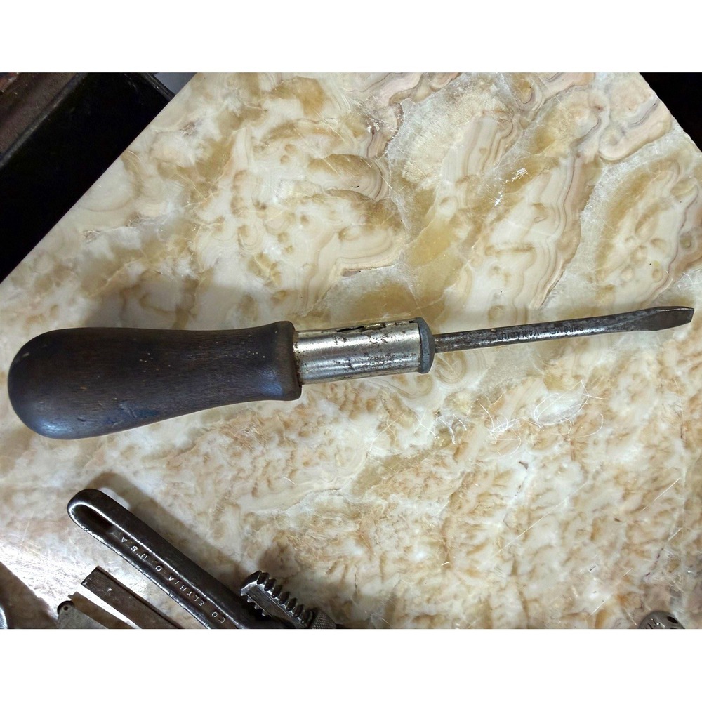 Vintage Wood Handle Reversible Ratchet Screwdriver Chrome Vanadium 9.5" Slotted